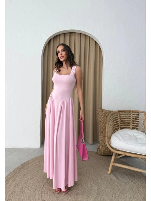 KARE YAKA UZUN SANDY ELBİSE PEMBE