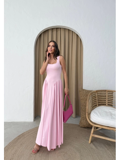 KARE YAKA UZUN SANDY ELBİSE PEMBE