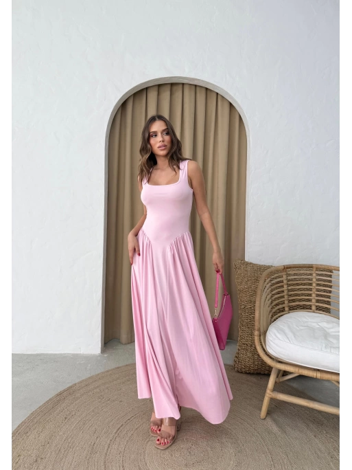 KARE YAKA UZUN SANDY ELBİSE PEMBE