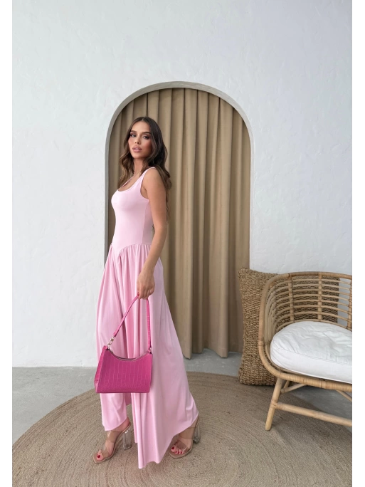 KARE YAKA UZUN SANDY ELBİSE PEMBE
