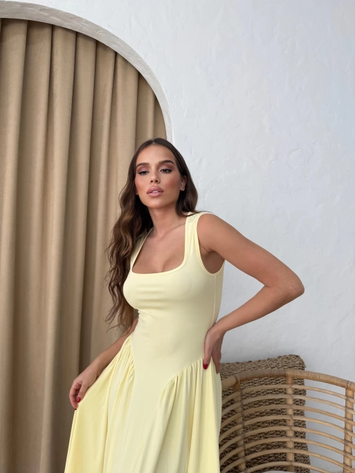 KARE YAKA UZUN SANDY ELBİSE SARI