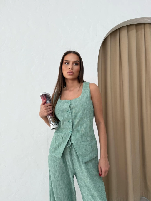 KARE YAKA YELEK VE PANTOLONLU KETEN İKİLİ TAKIM YEŞİL