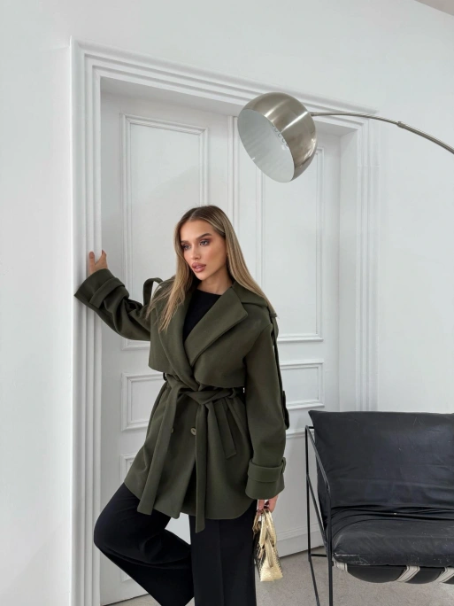 KAŞE BEL VE KOL KUŞAKLI İÇ ASTARLI DÜĞME DETAY TRENÇ HAKİ 2026