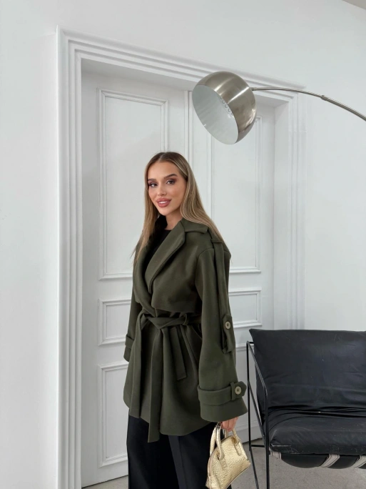 KAŞE BEL VE KOL KUŞAKLI İÇ ASTARLI DÜĞME DETAY TRENÇ HAKİ 2026