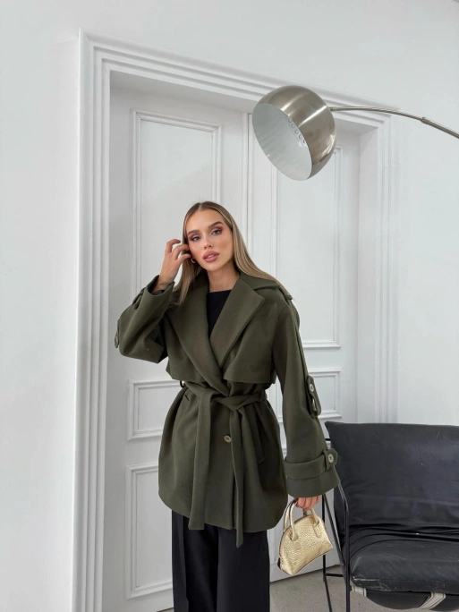 KAŞE BEL VE KOL KUŞAKLI İÇ ASTARLI DÜĞME DETAY TRENÇ HAKİ 2026