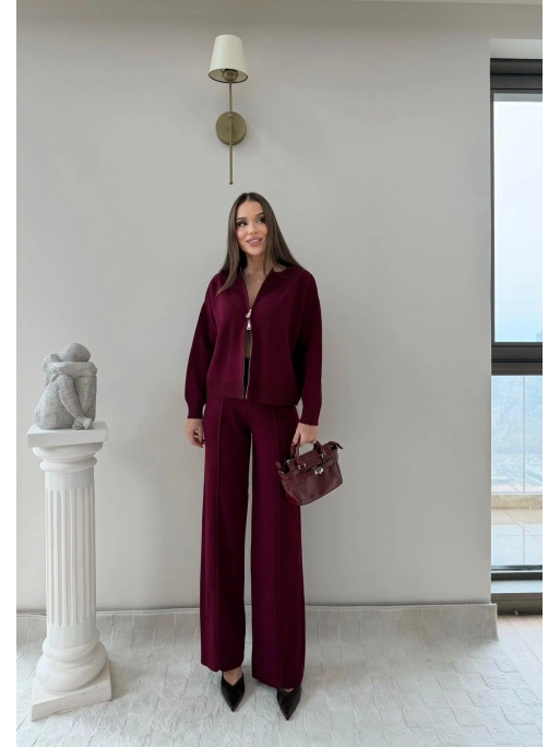 KAYIK YAKA ÇİFT FERMUARLI HIRKA VE PANTOLONLU TRİKO İKİLİ TAKIM BORDO