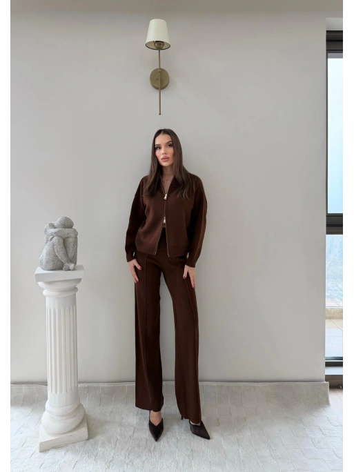 KAYIK YAKA ÇİFT FERMUARLI HIRKA VE PANTOLONLU TRİKO İKİLİ TAKIM KAHVE