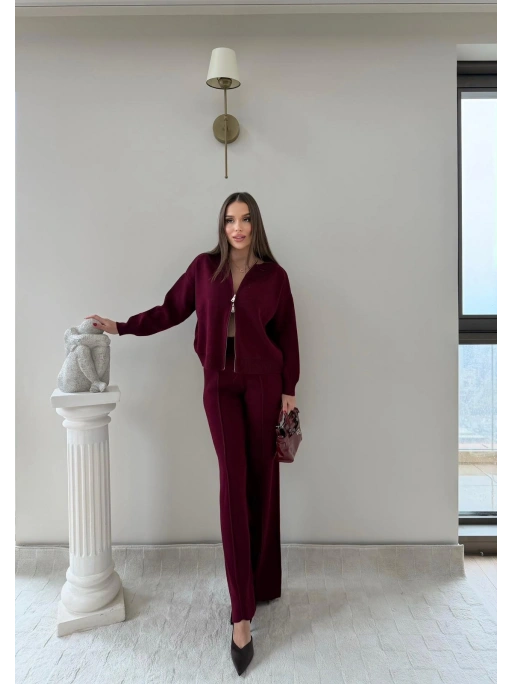 KAYIK YAKA ÇİFT FERMUARLI HIRKA VE PANTOLONLU TRİKO İKİLİ TAKIM BORDO