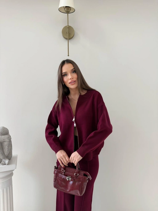 KAYIK YAKA ÇİFT FERMUARLI HIRKA VE PANTOLONLU TRİKO İKİLİ TAKIM BORDO