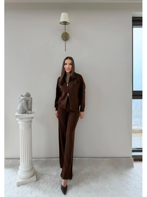 KAYIK YAKA ÇİFT FERMUARLI HIRKA VE PANTOLONLU TRİKO İKİLİ TAKIM KAHVE