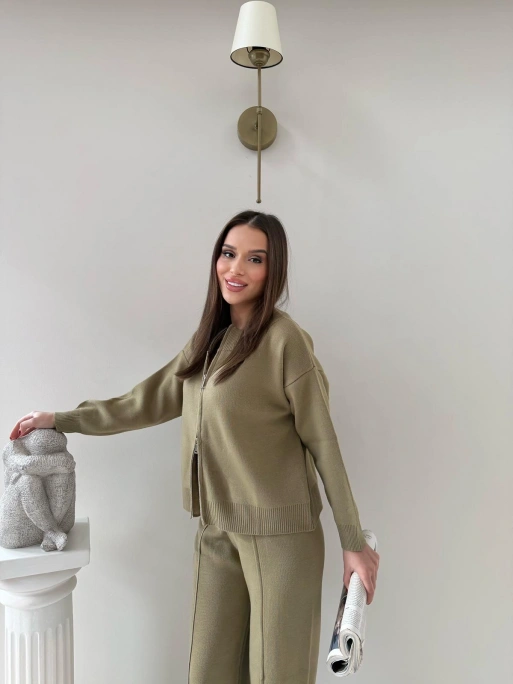 KAYIK YAKA ÇİFT FERMUARLI HIRKA VE PANTOLONLU TRİKO İKİLİ TAKIM HAKİ