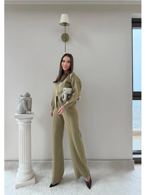 KAYIK YAKA ÇİFT FERMUARLI HIRKA VE PANTOLONLU TRİKO İKİLİ TAKIM HAKİ