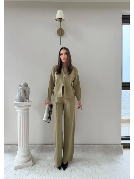 KAYIK YAKA ÇİFT FERMUARLI HIRKA VE PANTOLONLU TRİKO İKİLİ TAKIM HAKİ