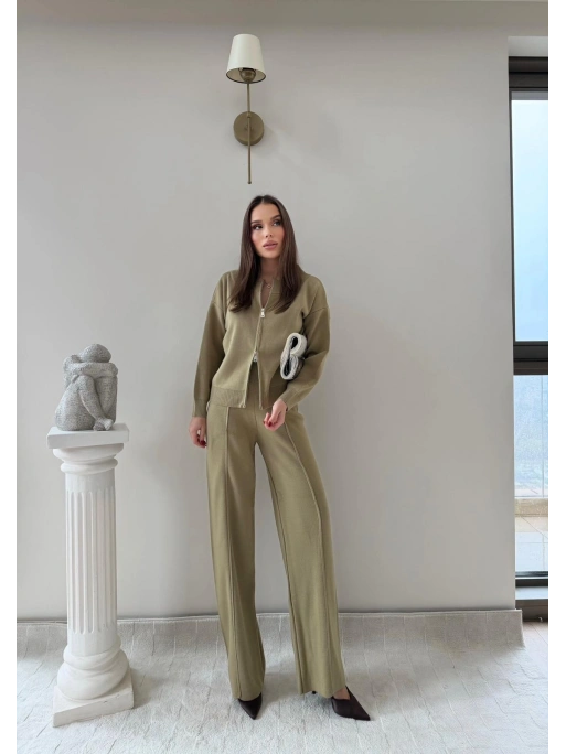 KAYIK YAKA ÇİFT FERMUARLI HIRKA VE PANTOLONLU TRİKO İKİLİ TAKIM HAKİ