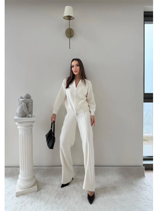 KAYIK YAKA ÇİFT FERMUARLI HIRKA VE PANTOLONLU TRİKO İKİLİ TAKIM KREM