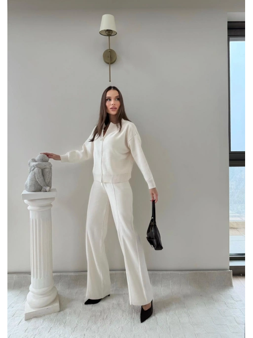 KAYIK YAKA ÇİFT FERMUARLI HIRKA VE PANTOLONLU TRİKO İKİLİ TAKIM KREM