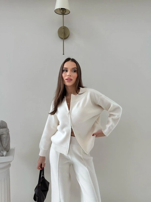 KAYIK YAKA ÇİFT FERMUARLI HIRKA VE PANTOLONLU TRİKO İKİLİ TAKIM KREM