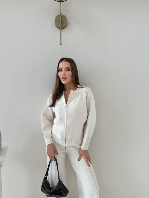 KAYIK YAKA ÇİFT FERMUARLI HIRKA VE PANTOLONLU TRİKO İKİLİ TAKIM KREM