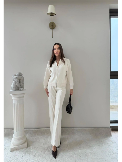 KAYIK YAKA ÇİFT FERMUARLI HIRKA VE PANTOLONLU TRİKO İKİLİ TAKIM KREM