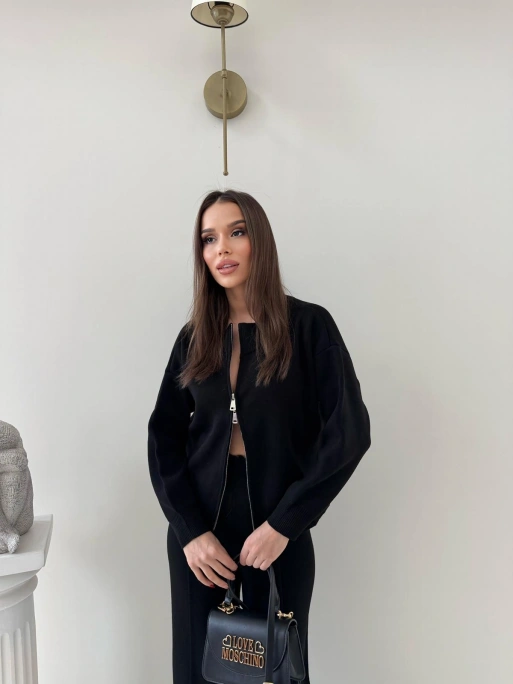 KAYIK YAKA ÇİFT FERMUARLI HIRKA VE PANTOLONLU TRİKO İKİLİ TAKIM SİYAH