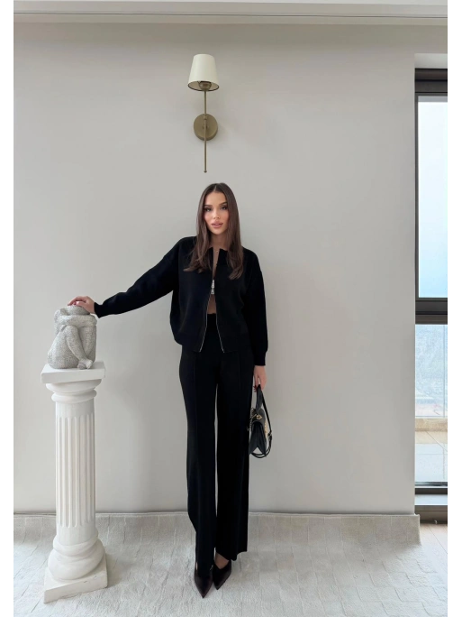 KAYIK YAKA ÇİFT FERMUARLI HIRKA VE PANTOLONLU TRİKO İKİLİ TAKIM SİYAH