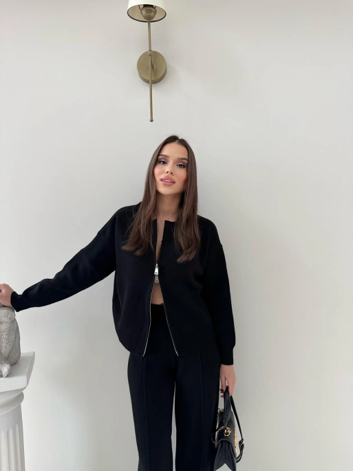 KAYIK YAKA ÇİFT FERMUARLI HIRKA VE PANTOLONLU TRİKO İKİLİ TAKIM SİYAH