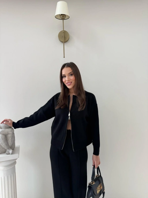 KAYIK YAKA ÇİFT FERMUARLI HIRKA VE PANTOLONLU TRİKO İKİLİ TAKIM SİYAH