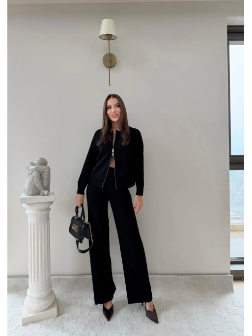 KAYIK YAKA ÇİFT FERMUARLI HIRKA VE PANTOLONLU TRİKO İKİLİ TAKIM SİYAH