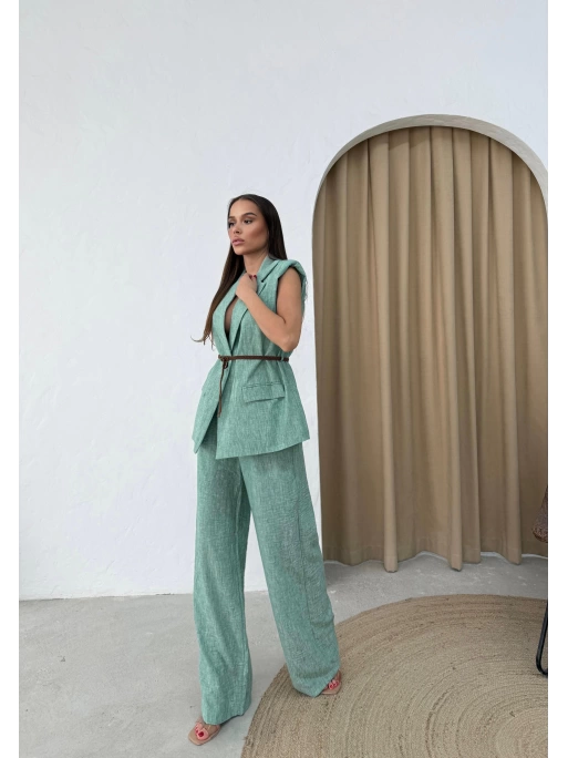 KETEN BELİ KEMERLİ ASTARLI YELEK VE PANTOLONLU İKİLİ TAKIM YEŞİL
