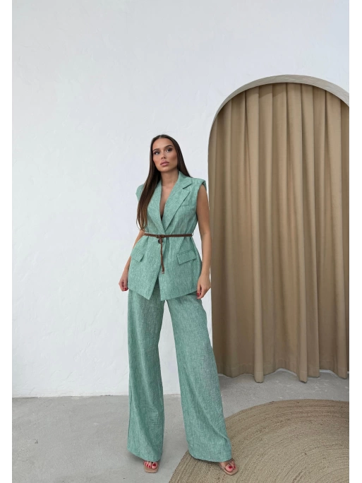 KETEN BELİ KEMERLİ ASTARLI YELEK VE PANTOLONLU İKİLİ TAKIM YEŞİL