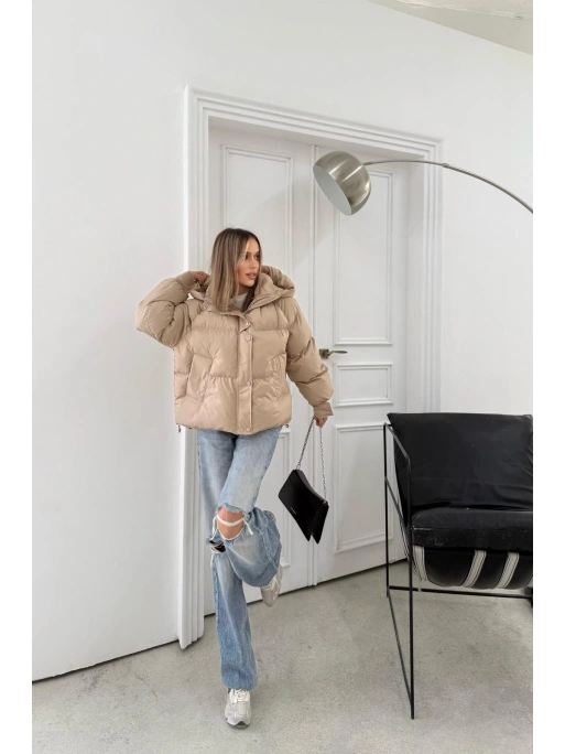 KOL ÇIRTLI KAPİŞONLU ŞİŞME MONT BEJ