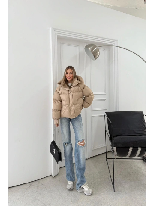KOL ÇIRTLI KAPİŞONLU ŞİŞME MONT BEJ
