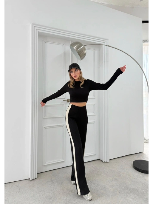 KOL GARNE DETAY BLUZ VE PANTOLONLU TRİKO İKİLİ TAKIM SİYAH