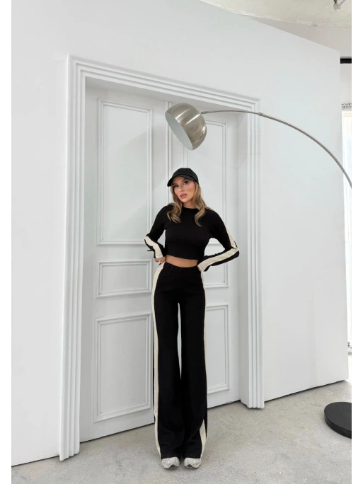 KOL GARNE DETAY BLUZ VE PANTOLONLU TRİKO İKİLİ TAKIM SİYAH