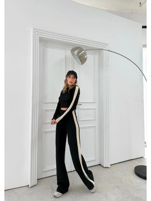 KOL GARNE DETAY BLUZ VE PANTOLONLU TRİKO İKİLİ TAKIM SİYAH