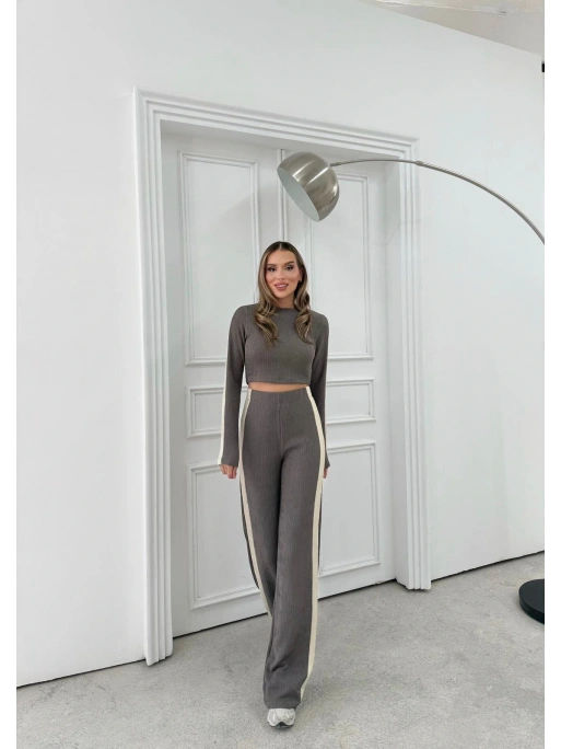 KOL GARNE DETAY BLUZ VE PANTOLONLU TRİKO İKİLİ TAKIM VİZON