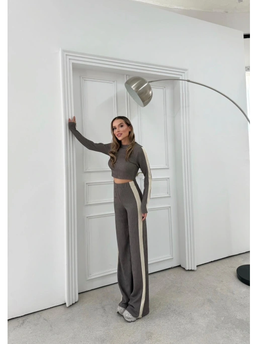 KOL GARNE DETAY BLUZ VE PANTOLONLU TRİKO İKİLİ TAKIM VİZON