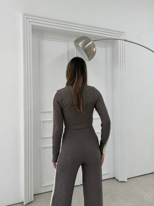 KOL GARNE DETAY BLUZ VE PANTOLONLU TRİKO İKİLİ TAKIM VİZON