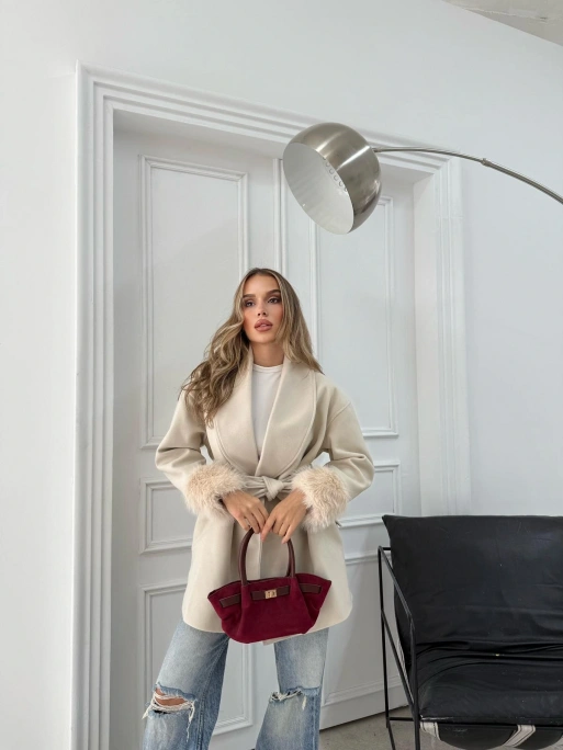 KOL KÜRK DETAY BEL KUŞAKLI KAŞE KABAN KREM