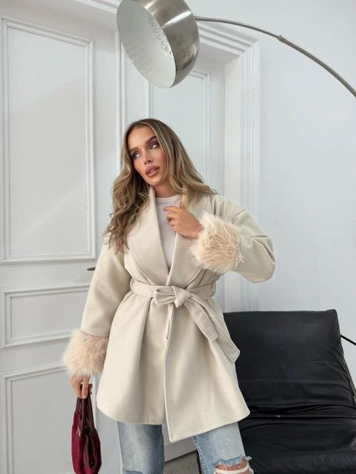 KOL KÜRK DETAY BEL KUŞAKLI KAŞE KABAN KREM