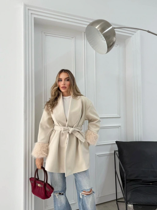 KOL KÜRK DETAY BEL KUŞAKLI KAŞE KABAN KREM