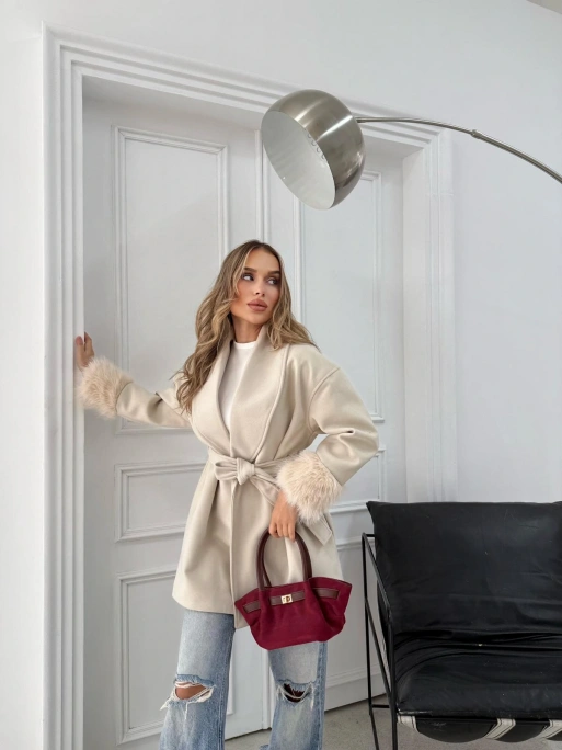 KOL KÜRK DETAY BEL KUŞAKLI KAŞE KABAN KREM