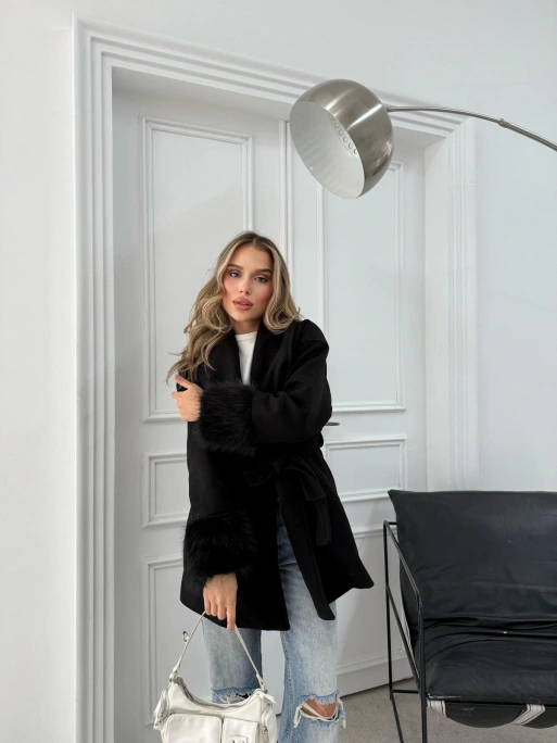 KOL KÜRK DETAY BEL KUŞAKLI KAŞE KABAN SİYAH