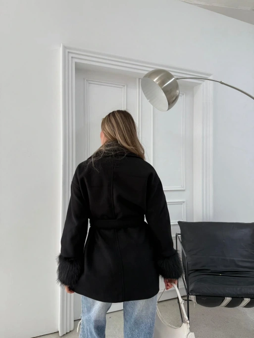 KOL KÜRK DETAY BEL KUŞAKLI KAŞE KABAN SİYAH