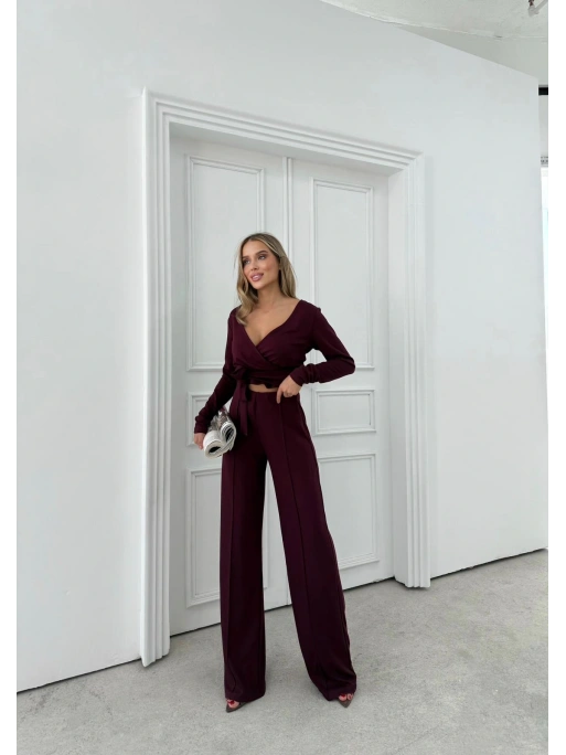 KRUVAZE YAKA BAGLAMA DETAY BLUZ VE PANTOLONLU MODAL İKİLİ TAKIM BORDO