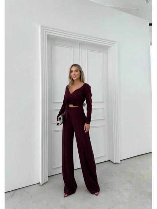 KRUVAZE YAKA BAGLAMA DETAY BLUZ VE PANTOLONLU MODAL İKİLİ TAKIM BORDO