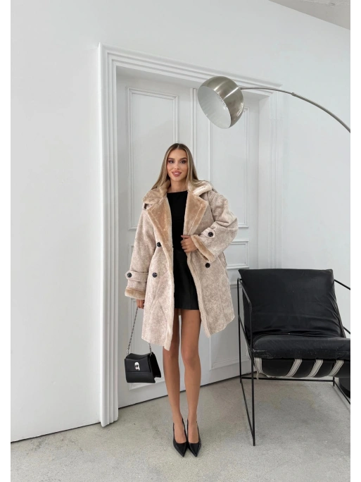 KRUVAZE YAKA İÇ KÜRK UZUN LAMİNE MONT KREM