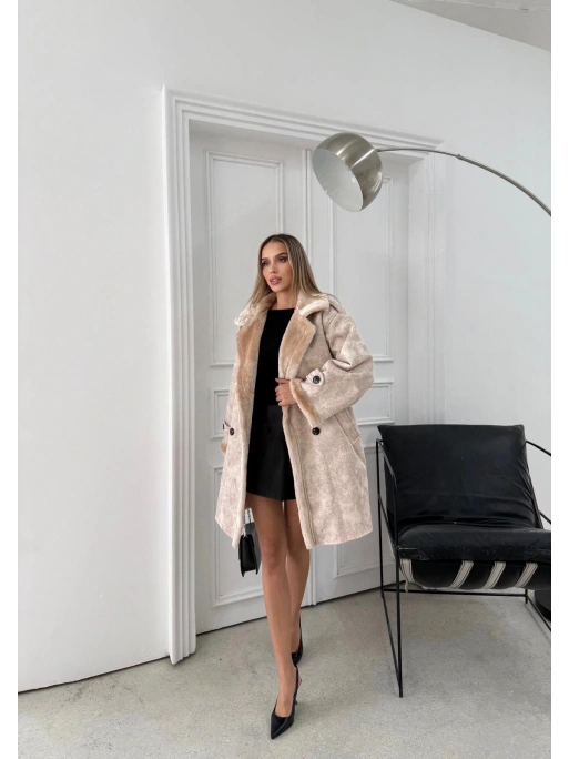 KRUVAZE YAKA İÇ KÜRK UZUN LAMİNE MONT KREM