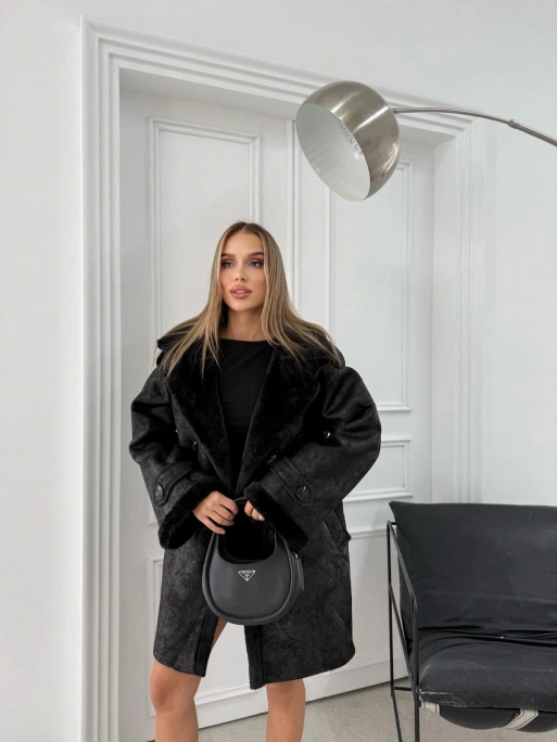 KRUVAZE YAKA İÇ KÜRK UZUN LAMİNE MONT SİYAH