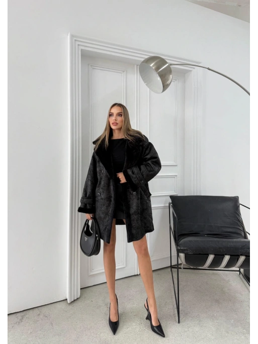 KRUVAZE YAKA İÇ KÜRK UZUN LAMİNE MONT SİYAH